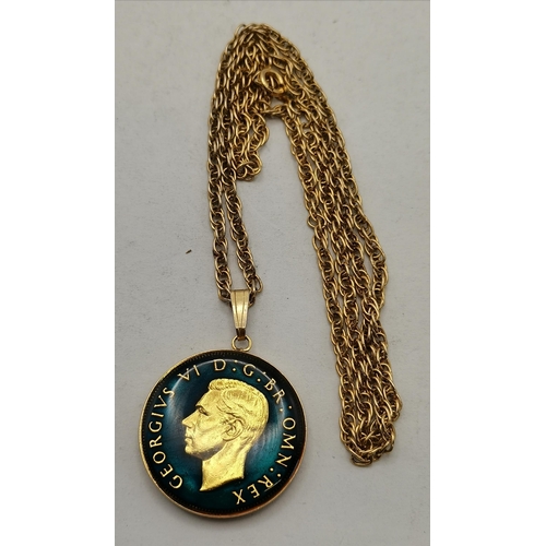 384 - An enamelled George VI 1950 Half Crown pendant, to a yellow-metal chain stamped AR1. Chain 61.5cm lo... 