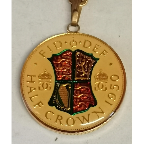 384 - An enamelled George VI 1950 Half Crown pendant, to a yellow-metal chain stamped AR1. Chain 61.5cm lo... 