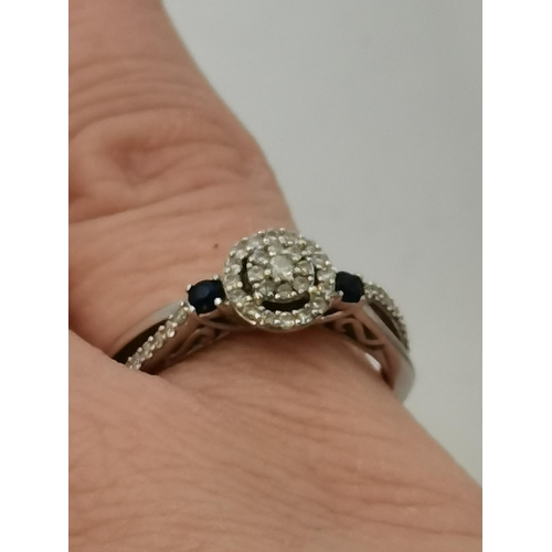 393 - A 9 carat white gold diamond and sapphire fancy ring, set as a cluster with a sapphire at each side,... 