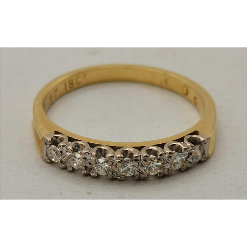 397 - An 18 carat gold half hoop seven-stone ring, likely diamonds (not tested). Ring size P1/2, 3.3g gros... 