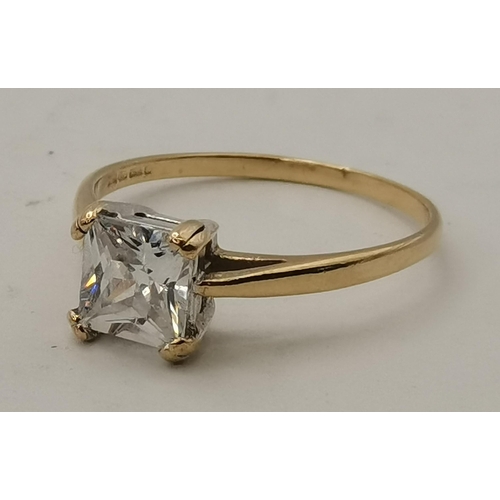 399 - Three 9 carat gold rings, various settings and stones. (3) Square-cut solitaire ring size O, solitai... 