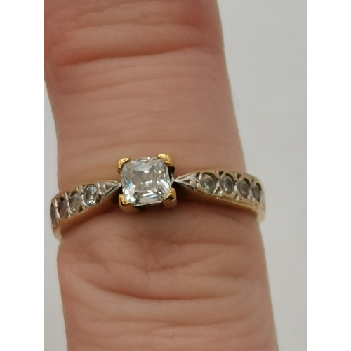 399 - Three 9 carat gold rings, various settings and stones. (3) Square-cut solitaire ring size O, solitai... 