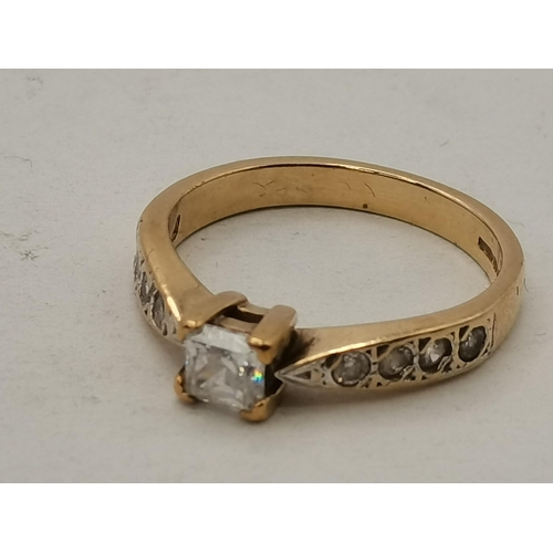 399 - Three 9 carat gold rings, various settings and stones. (3) Square-cut solitaire ring size O, solitai... 