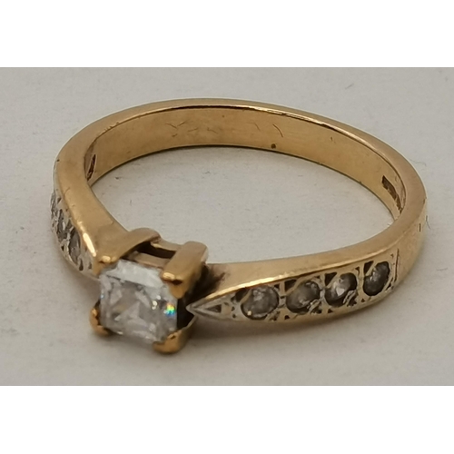 399 - Three 9 carat gold rings, various settings and stones. (3) Square-cut solitaire ring size O, solitai... 