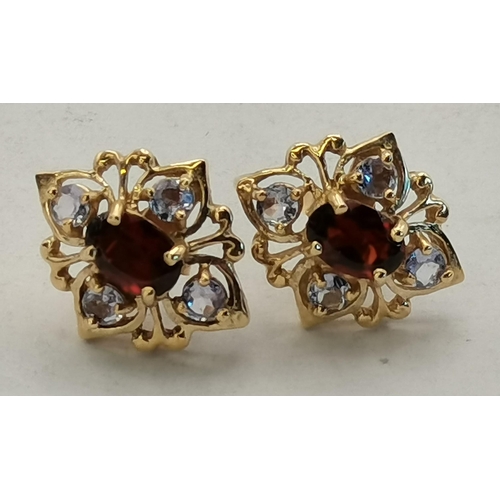 418 - A Pair of Mozambique Garnet & Tanzanite Earrings set in 9ct Yellow Gold 2.25grams 1.48ct plus A pair... 