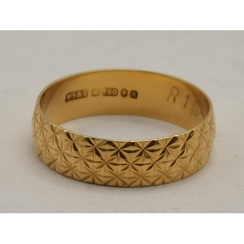 453 - 18ct Yellow Gold Weddings band in slight fishbone style Hallmarked B&N stamped 750 size L plus 18ct ... 