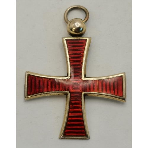 454 - Gold plated pendant in shape of a cross with Red Cloisonne translucent enamel 5cm x 5xm