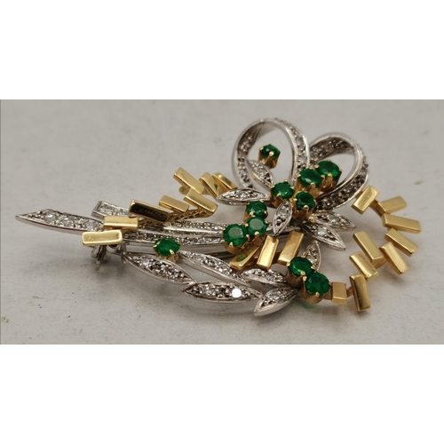 470 - An 18 carat yellow and white gold emerald and diamond spray brooch, late 20th Century, maker's mark ... 