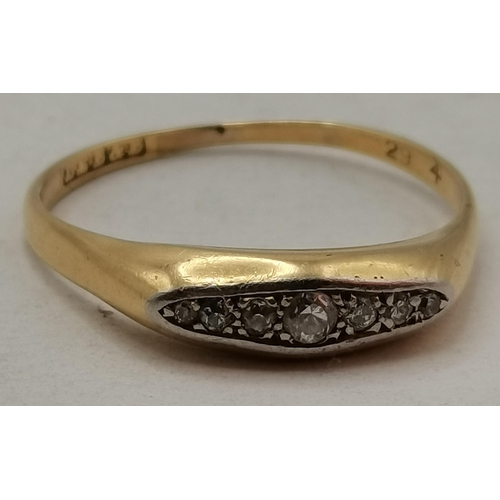 475D - A yellow metal and white-stone ring, maker's mark only (likely gold), navette-set with seven graduat... 