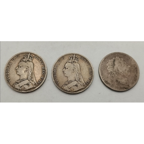 483 - A George III crown (rubbed), together with two Victorian crowns, 1889 and 1890. (3) 82.4g/2.6 troy o... 