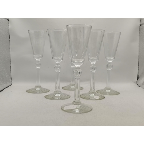 267 - Balustriod Wine glasses with bell bowl above shoulder knop with air tear