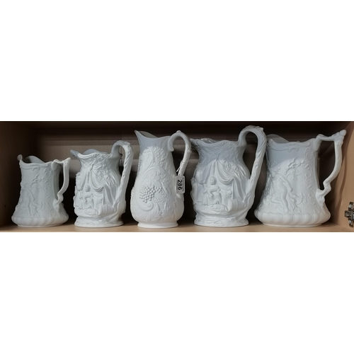 286 - Five Parian ware jugs, various sizes, by Portmeirion, variously decorated with figural scenes, cheru... 