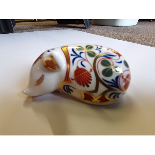 157 - Royal Crown Derby Paperweight Sleeping Piglet with gold stopper and in members pack box