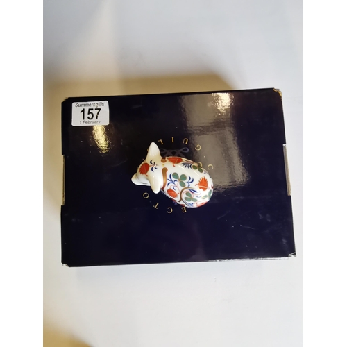 157 - Royal Crown Derby Paperweight Sleeping Piglet with gold stopper and in members pack box