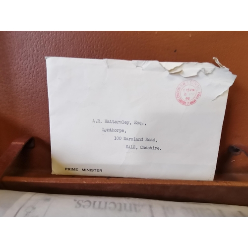 542 - Small Leather File Suitcase containing letter from 10 Downing street in 1968, Small Japanese silk sc... 