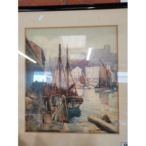 565 - British School, watercolour, harbour scene of Whitby, with fishermen and boats, the abbey in the bac... 