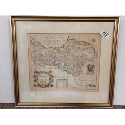 573 - A hand-coloured engraved map, 'The North Ridinge of Yorkshire', Richard Blome 1672, framed. Visible ... 