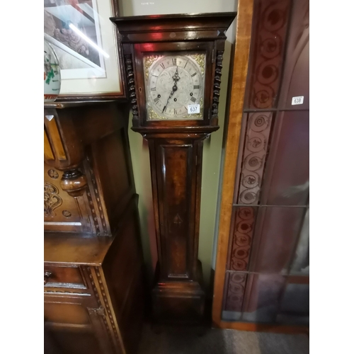 637 - An oak small grand daughter clock with brass and silvered dial . Height  1.6m