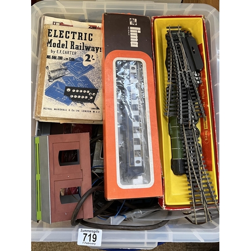 A box of model railway track, engines and equipment including a Triang