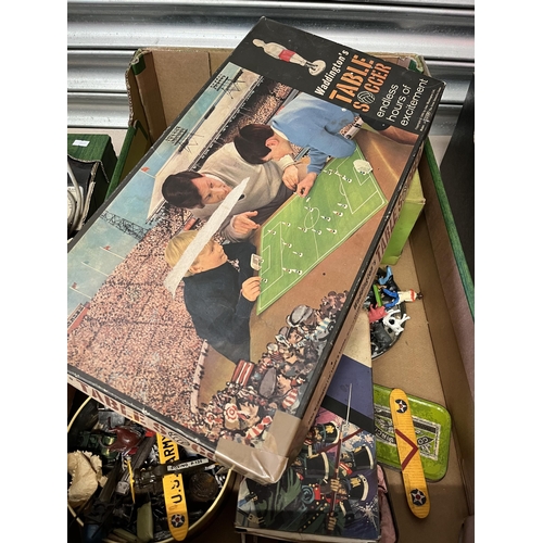 732 - Box of assorted vintage toys including Waddington's table soccer, boxed; Subuteo players; farm anima... 