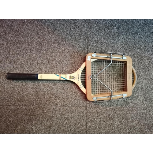 732a - Vintage 1950s Slazenger tennis racket with wooden frame and Dunlop wooden press