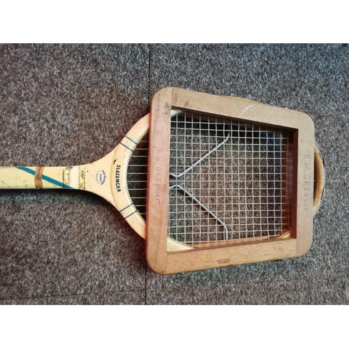 732a - Vintage 1950s Slazenger tennis racket with wooden frame and Dunlop wooden press