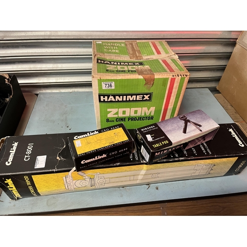 736 - A Hanimex Zoom 8mm cine projector, in box; together with a CamLink CT-8001 camcorder tripod, boxed; ... 