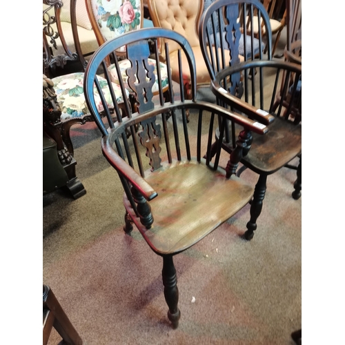 663 - A yew wood Window chair ( missing a leg and stretchers