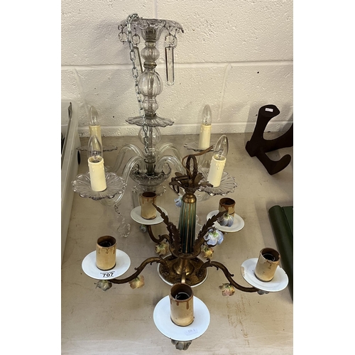 707 - A glass four-light chandelier, and a brass and ceramic five-light chandelier. (2) First approx. 50cm... 