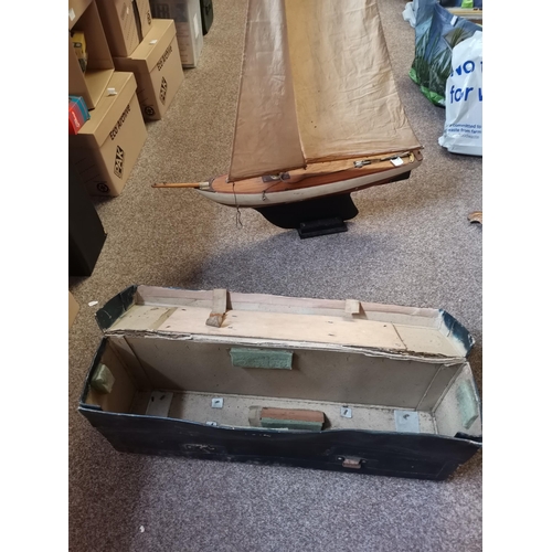 707A - A wooden model pond yacht, 'Orion', with canvas sails, on wooden stand, with fitted case. Approx. 12... 