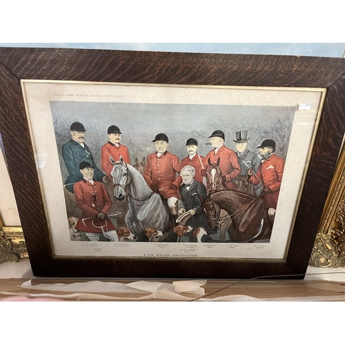 711 - A group of eight hunting pictures/prints, framed, including a trio of Quorn Hunt hand-coloured engra... 