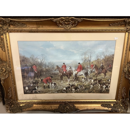 711 - A group of eight hunting pictures/prints, framed, including a trio of Quorn Hunt hand-coloured engra... 