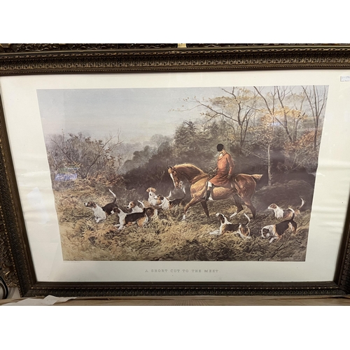 711 - A group of eight hunting pictures/prints, framed, including a trio of Quorn Hunt hand-coloured engra... 