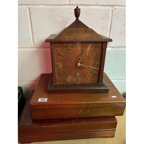 760 - A 20th Century handmade wooden mantel clock with brass hands and brass Roman numerals; together with... 