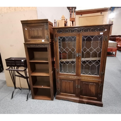 976 - A Wood Brothers Old Charm Oak glazed top book shelf W92cm x H152cm  plus matching open shelves with ... 