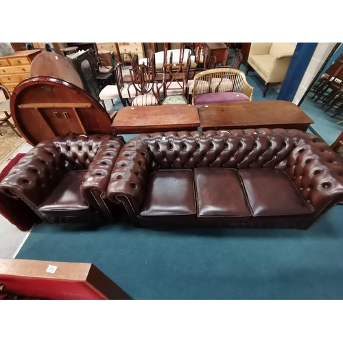 Chesterfield Button Back Brown Leather 3 Seater Sofa And Armchair