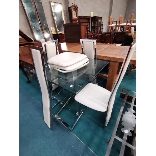 1072 - Square glass and chrome dining table with 4 matching high backed cream leather and chrome chairs.  T... 