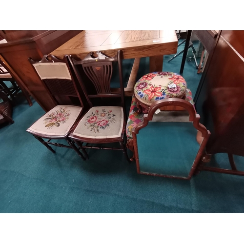 1075 - x2 small vintage tapestry chairs, footstool, stool and wall mirror