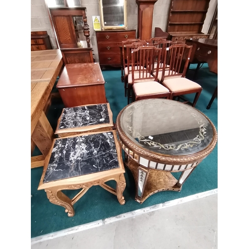 1078 - Pair of marble topped Giltwood side tables (a/f) plus Art Deco mirrored two tier round table