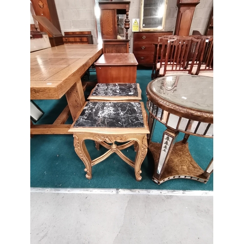 1078 - Pair of marble topped Giltwood side tables (a/f) plus Art Deco mirrored two tier round table