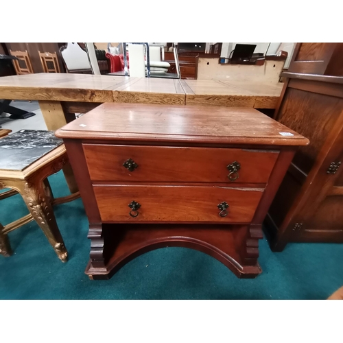 1090 - Antique Mahogany 2 drawer chest with curved shelf under  84cm x 49cm