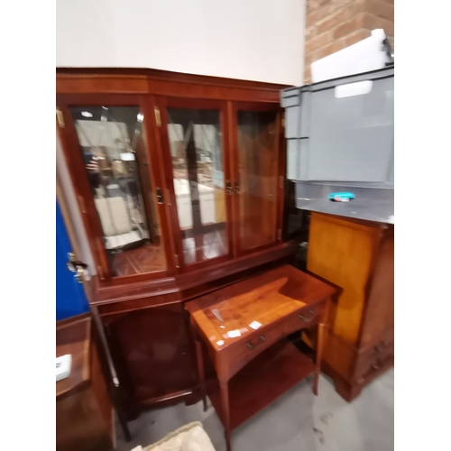 1209 - Yew wood TV Cabinet and small side table plus glazed top display cabinet W148cm x H173cm