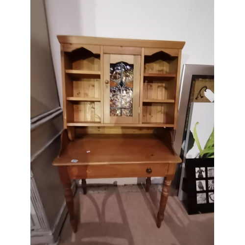 1213 - Pine Wash stand 90cm x 50xm and Pine wall unit with stained glass centre door W90 x H82cm