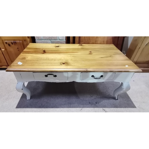 1218 - Pine pained coffee table with cabriole legs and 2 drawers 120cm x 60cm