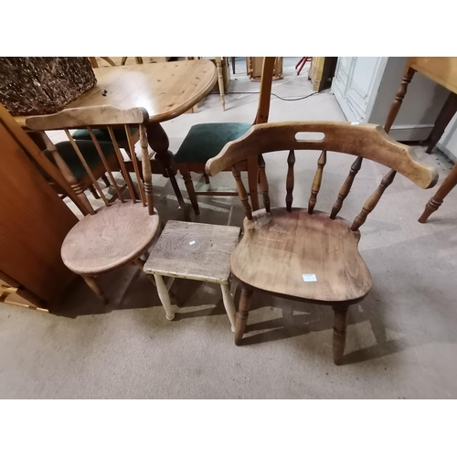 1219p - x2 Antique Pine chairs and a stool