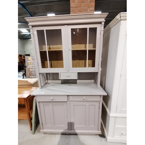 1219s - Painted Antique Pine Kitchen Dresser with glazed doors W108cm x D54cm x H202cm