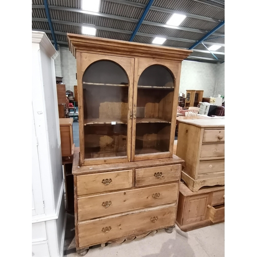 1219u - Antique Pine display cabinet with drawers to base and glazed door to top W111cm x H197cm