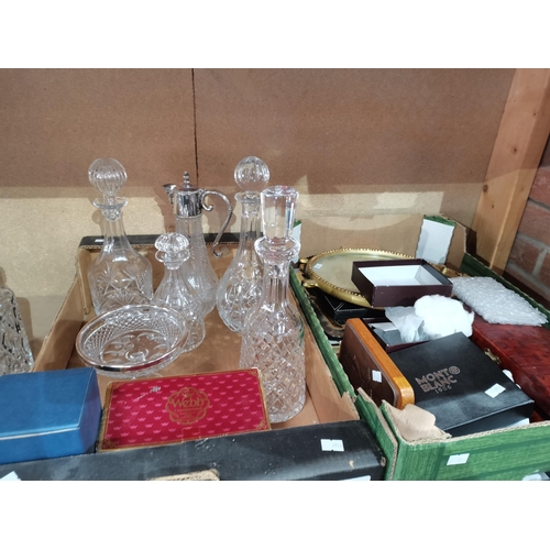 1225 - A good selection of cut glass decanters and picture frames, Mont Blanc belt etc