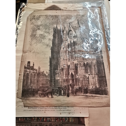 60a - York Interest: A folio of assorted engravings and charcoal study prints including a 1949 Leeds Regio... 