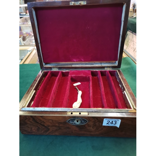 243 - Walnut Jewellery box with Mother of Pearl inlay decoration, red velvet lined interior and key W30cm ... 